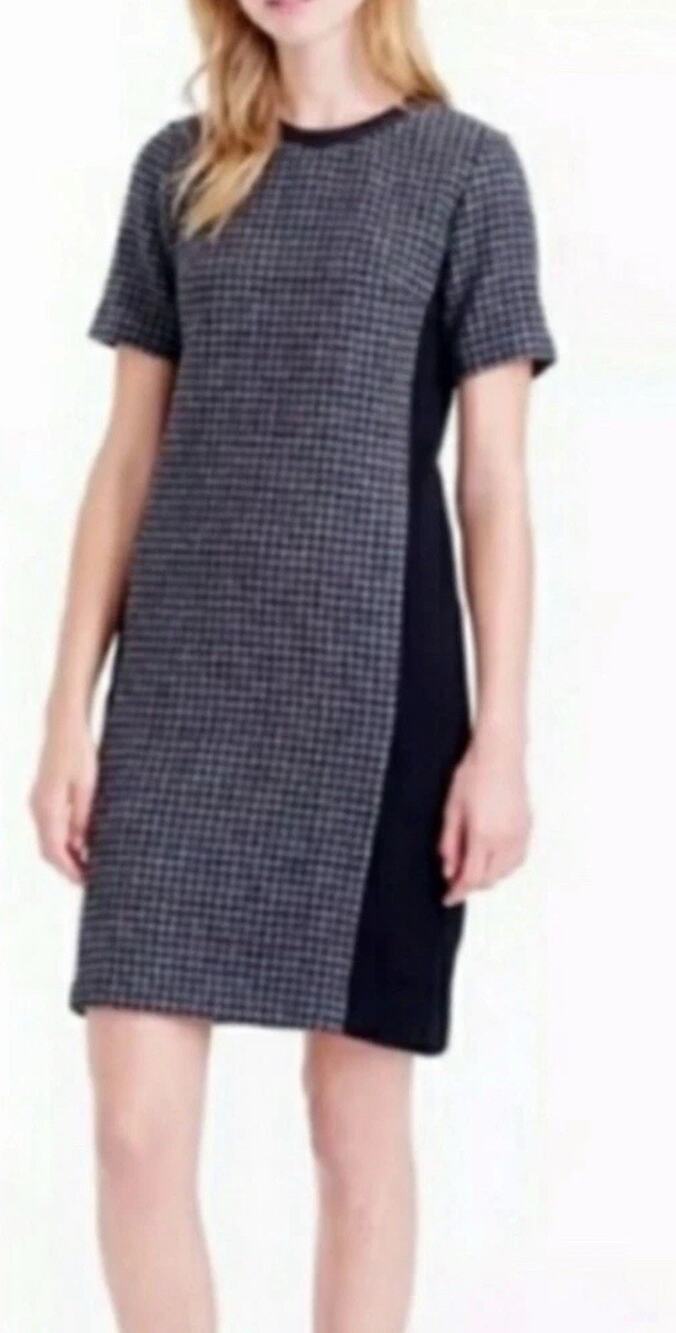 J. Crew Houndstooth Mini Shift Dress Wool Leather Women’s Black Grey Size 10